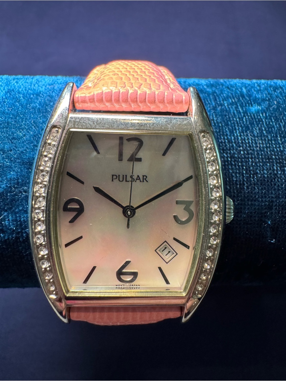 Pulsar Silver Crystal-Trim Watch with Pink Leather Strap